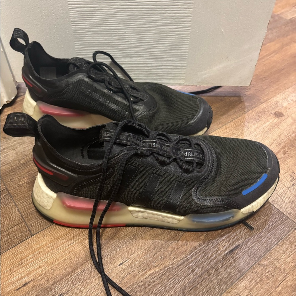 adidas Black Athletic Shoes with Red and Blue Accents